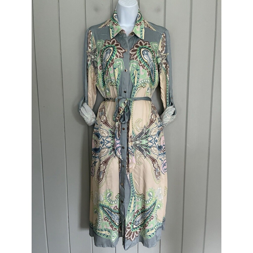 Hale Bob Shirt Dress M Medium Pastel Mint Green Button Front Collar Tie Waist